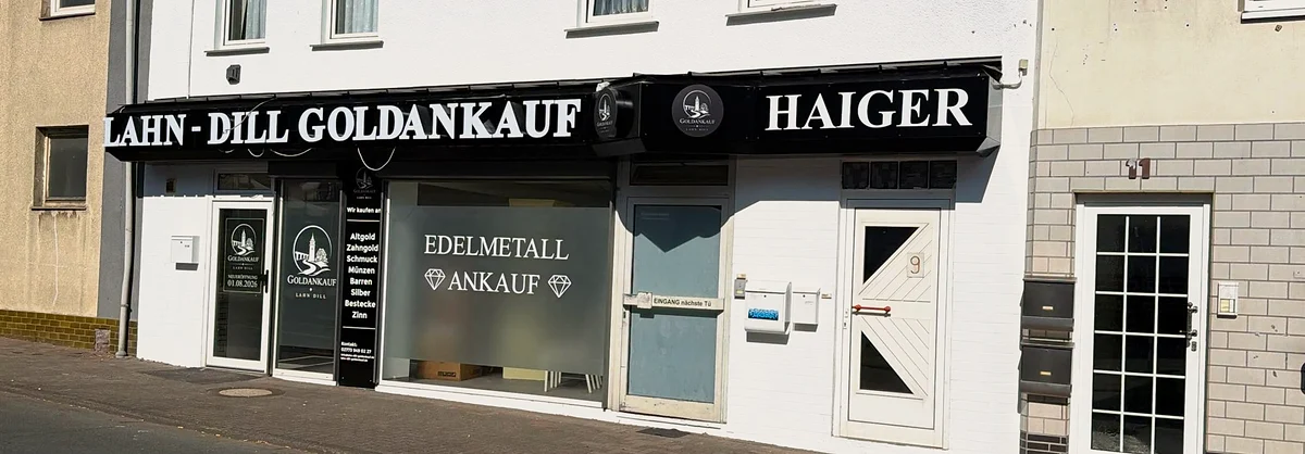 Ladengeschäft Lahn Dill Goldankauf in der Kreuzgasse 9 in Haiger - Schild und Schaufenster mit dem Schriftzug Edelmetall Ankauf