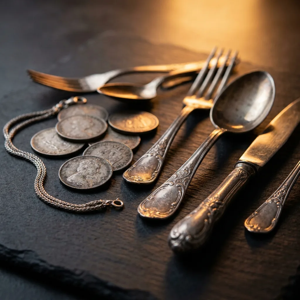 Silber & Besteck – Silberbesteck, Silberschmuck, Silbermünzen und Barren – nach Feingehalt bewertet.