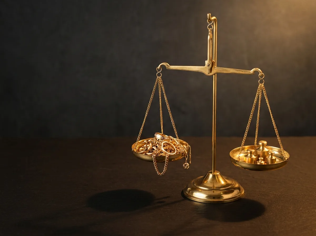 Brass-Goldwaage wiegt Goldschmuck gegen Gewichte – transparente Bewertung